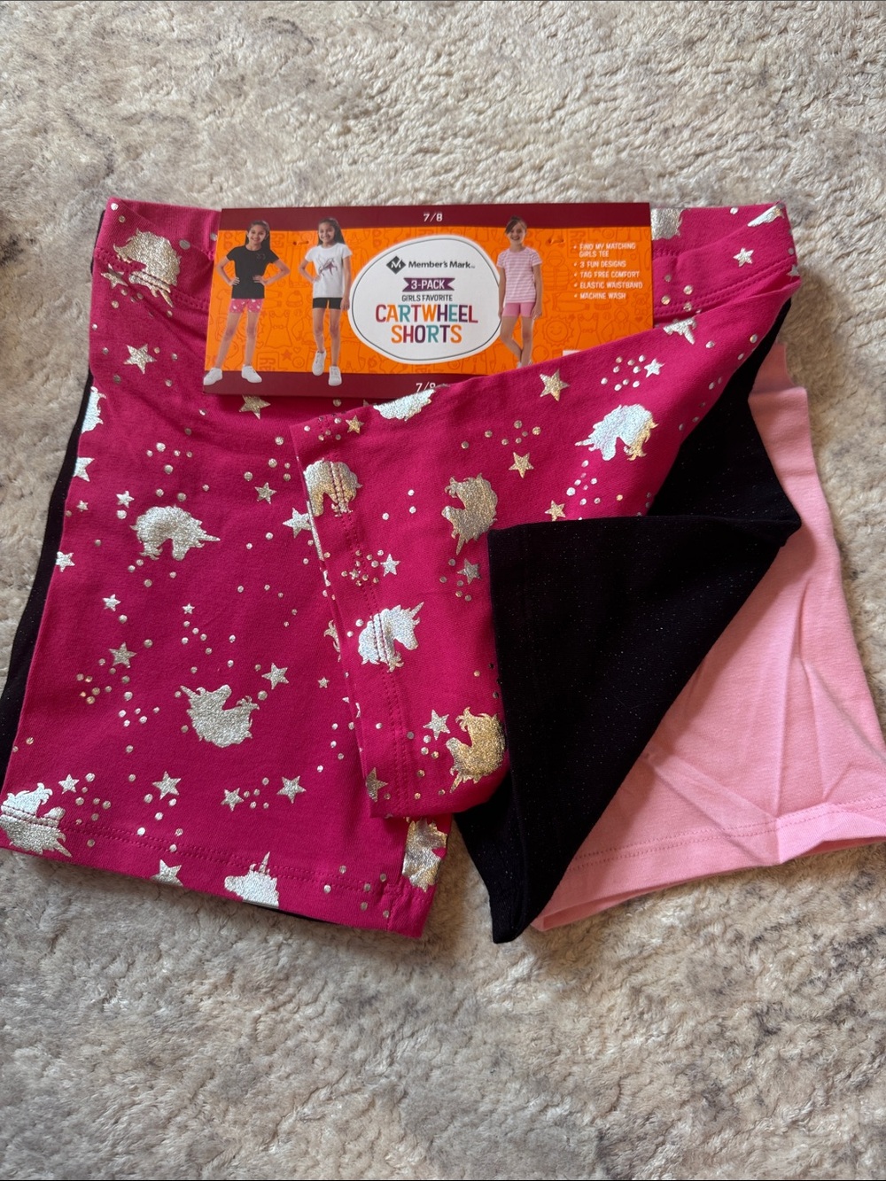 NWT 7/8 3pack Girls' Cartwheel Shorts Pink Unicorn, black and light pink